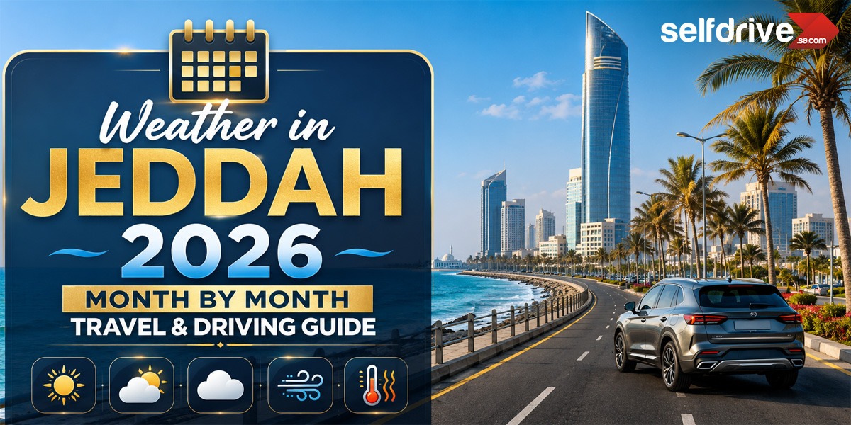 Jeddah 2026 weather and travel guide featuring city skyline, oceanfront road, and SUV.